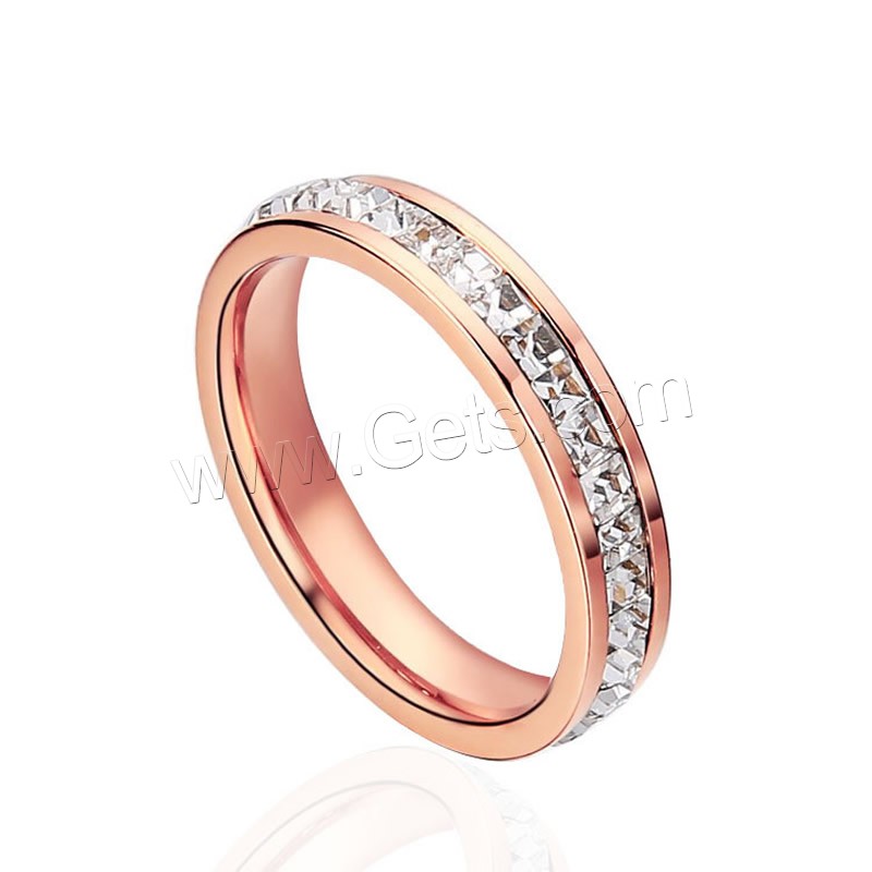 Titanium Steel Finger Ring, rose gold color plated, different size for choice & with cubic zirconia, Sold By PC