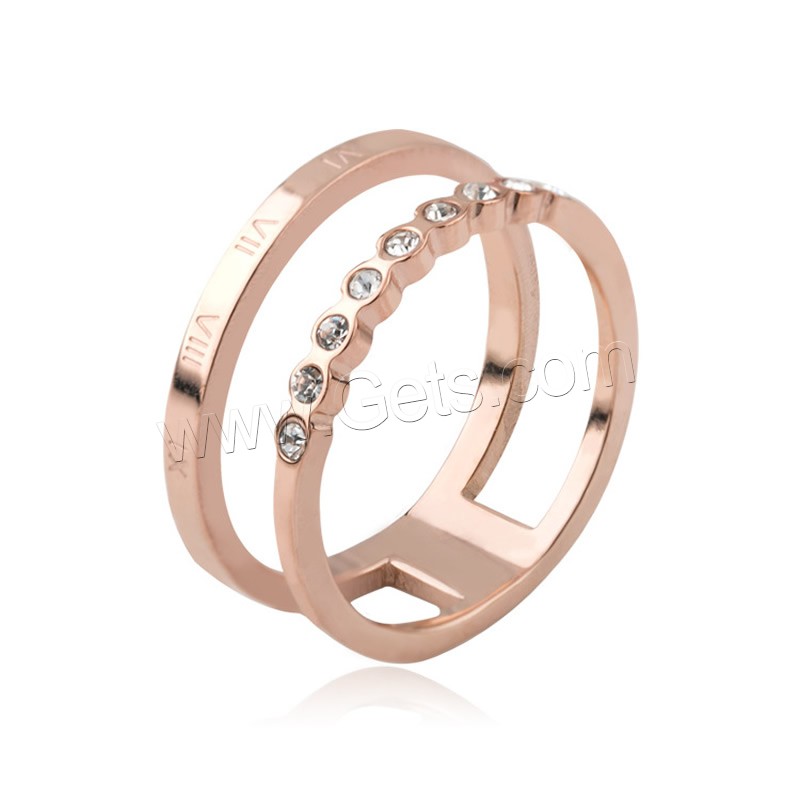 Titanium Steel Finger Ring, rose gold color plated, with roman number & different size for choice & with rhinestone, Sold By PC