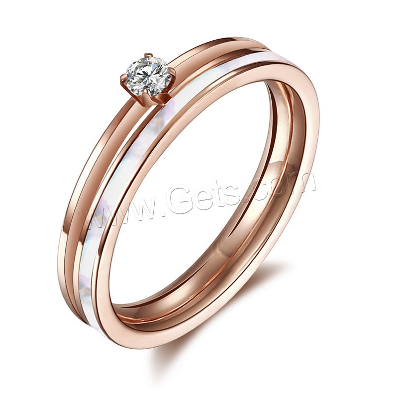 Titanium Steel Finger Ring, with White Shell, rose gold color plated, natural & different size for choice & with rhinestone, Sold By PC
