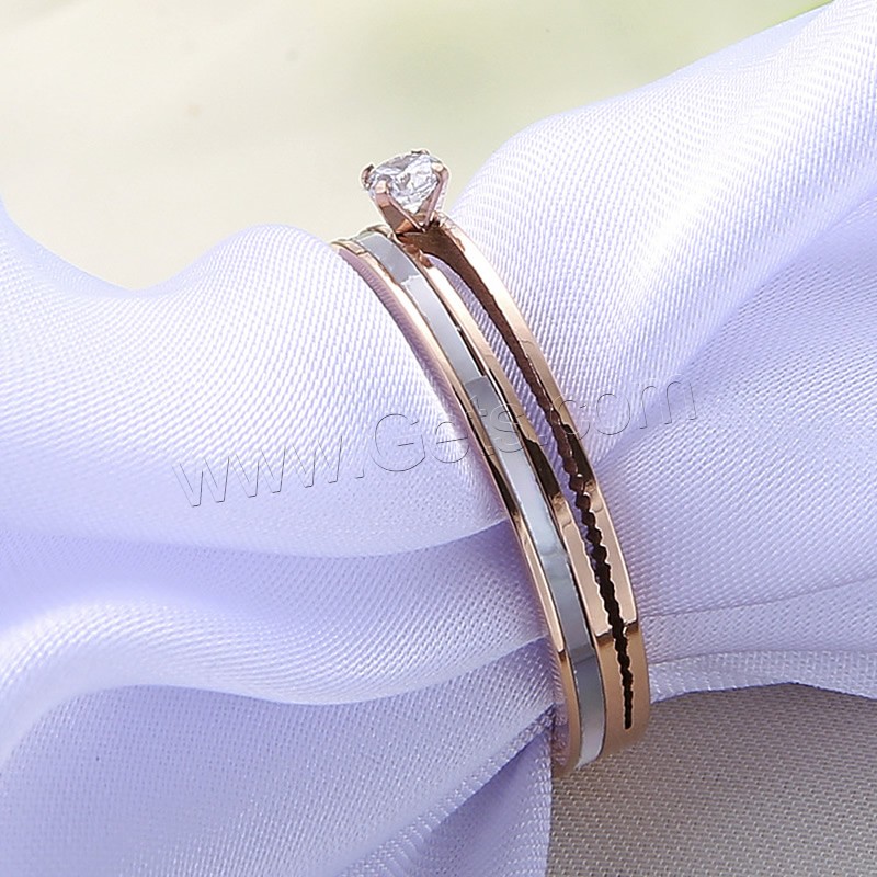 Titanium Steel Finger Ring, with White Shell, rose gold color plated, natural & different size for choice & with rhinestone, Sold By PC