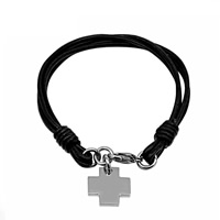 Cowhide Bracelets, with 316L Stainless Steel, Cross, black Approx 8.6 Inch 