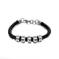 Cowhide Bracelets, with Rubber & 316L Stainless Steel, with 0.7lnch extender chain, black Approx 8 Inch 