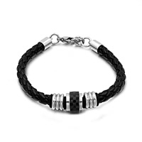 Cowhide Bracelets, with Rubber & 316L Stainless Steel, with 0.7lnch extender chain, plated, black Approx 8 Inch 