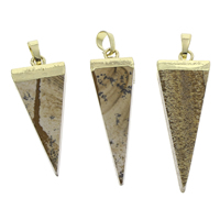 Picture Jasper Pendants, with brass bail, Triangle, gold color plated - Approx 