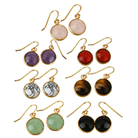 Gemstone Drop Earring, Brass, with Gemstone, Flat Round, gold color plated, natural 28mm, 0.5mm 
