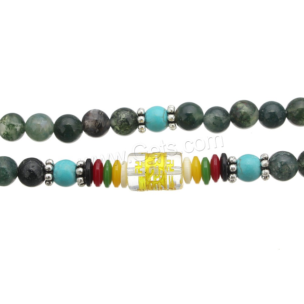 108 Mala Beads, Moss Agate, with Synthetic Turquoise & Crystal & Glass & Plastic & Zinc Alloy, plated, different length for choice & Buddhist jewelry & different size for choice & gold accent, 108PCs/Strand, Sold By Strand