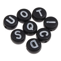 Acryl Alphabet Perlen, flache Runde, gemischtes Muster & mit Brief Muster & Volltonfarbe, schwarz, 4x7mm, Bohrung:ca. 1mm, ca. 3600PCs/Tasche, verkauft von Tasche