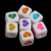 Solid Color Acrylic Beads, Cube, with heart pattern, mixed colors Approx 3mm, Approx 