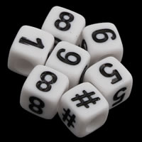 Acryl Zahlen Perlen, Würfel, gemischtes Muster & mit einem Muster von Nummer & Volltonfarbe, weiß, 6x6mm, Bohrung:ca. 3mm, ca. 2750PCs/Tasche, verkauft von Tasche