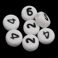 Acryl Zahlen Perlen, flache Runde, gemischtes Muster & mit einem Muster von Nummer & Volltonfarbe, weiß, 4x7mm, Bohrung:ca. 1mm, ca. 3600PCs/Tasche, verkauft von Tasche