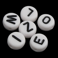 Acryl Alphabet Perlen, flache Runde, gemischtes Muster & mit Brief Muster & Volltonfarbe, weiß, 4x7mm, Bohrung:ca. 1mm, ca. 3600PCs/Tasche, verkauft von Tasche