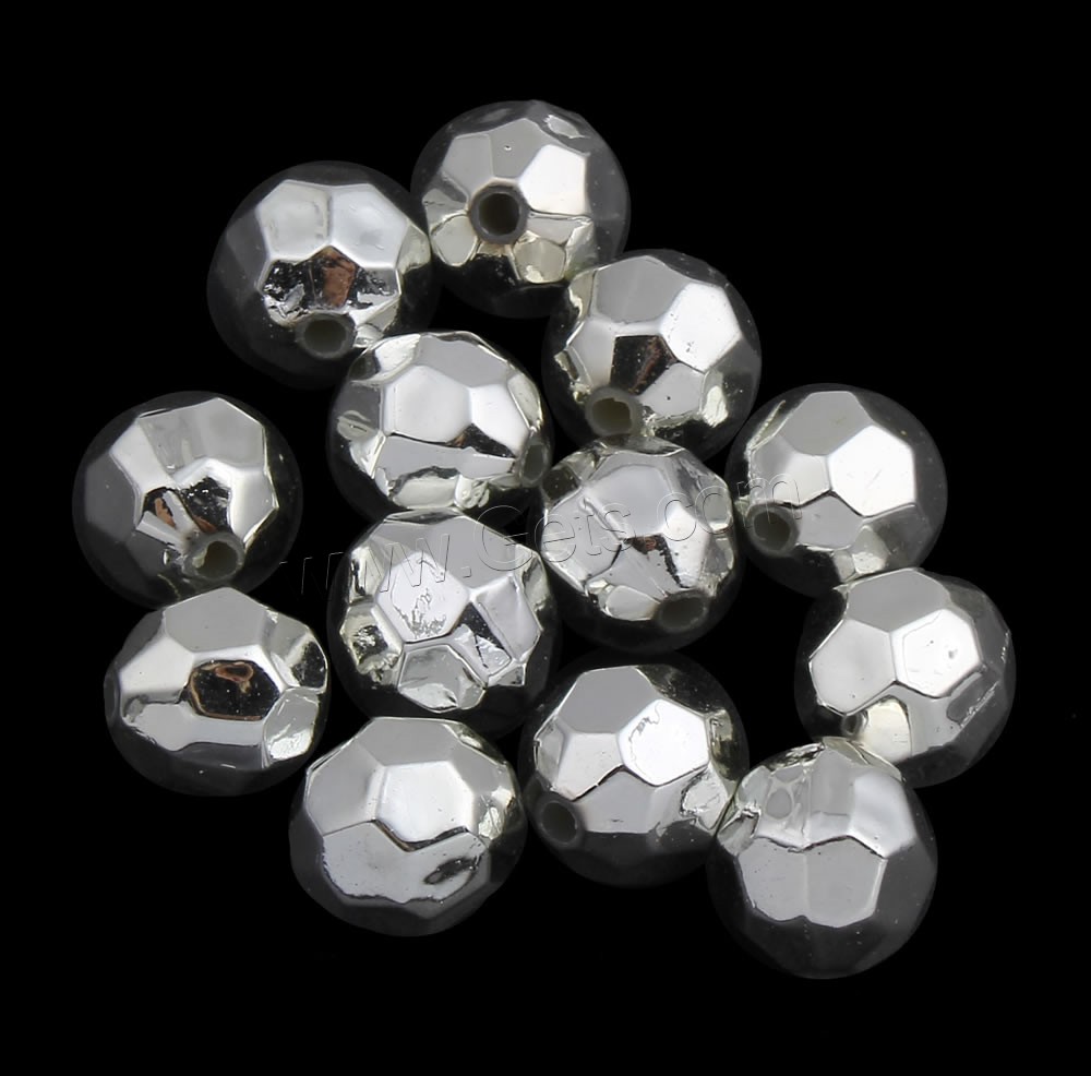 Perles acryliques plaquée, Acrylique, Rond, Placage de couleur argentée, normes différentes pour le choix & facettes, Trou:Environ 1mm, Vendu par sac