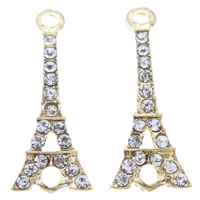 Conector de aleación de Zinc de diamantes de imitación, Torre Eiffel, chapado en oro KC, con diamantes de imitación & 1/1 aro, libre de plomo & cadmio, 12x30x3mm, agujero:aproximado 2mm, Vendido por UD