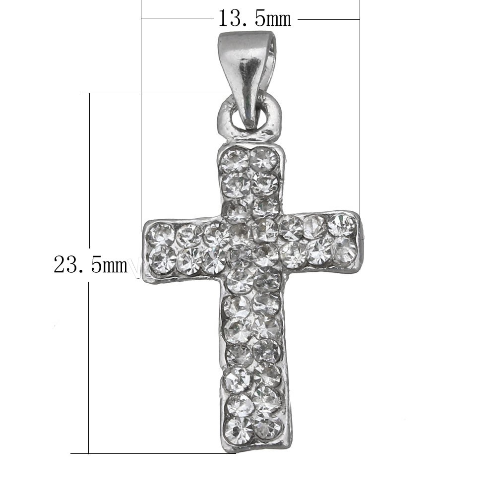Zinc Alloy Cross Pendants, plated, with rhinestone, more colors for choice, 13.5x23.5x3mm, Hole:Approx 4mm, Sold By PC