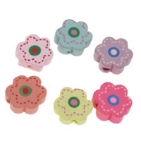 Gefärbtes Holz Perlen, Blume, Drucken, gemischte Farben, 14x6mm, Bohrung:ca. 1mm, 1000PCs/Tasche, verkauft von Tasche