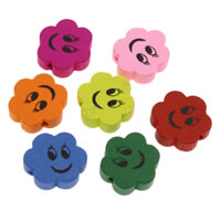 Wood Smile Face Pattern Bead, Flower, printing, mixed colors Approx 1mm 