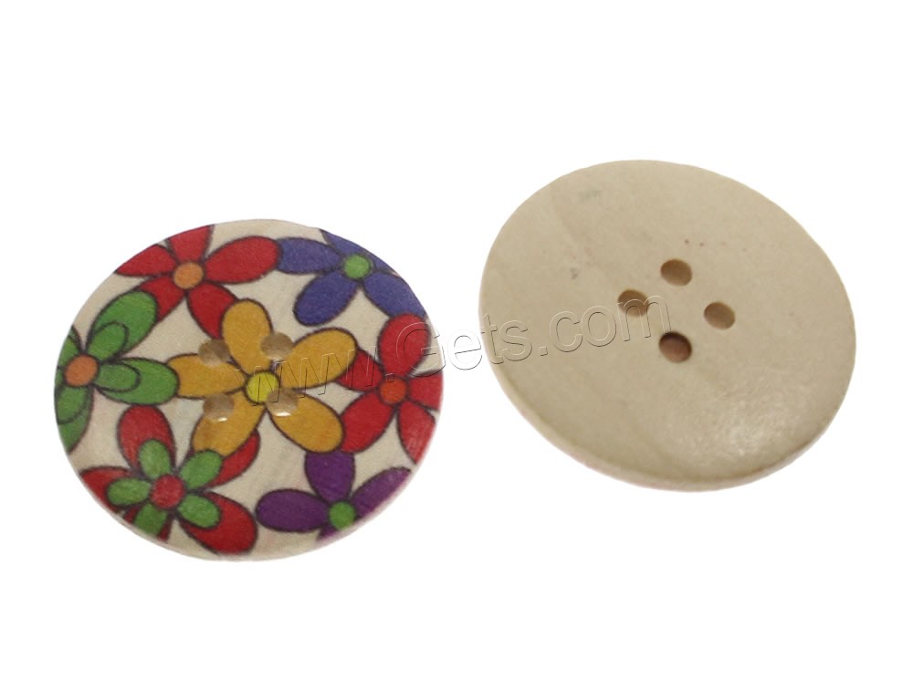 Botón de madera de 4 agujeros, Redondo aplanado, de la impresión & patrón mixto & diverso tamaño para la opción, agujero:aproximado 1mm, 1000PCs/Bolsa, Vendido por Bolsa
