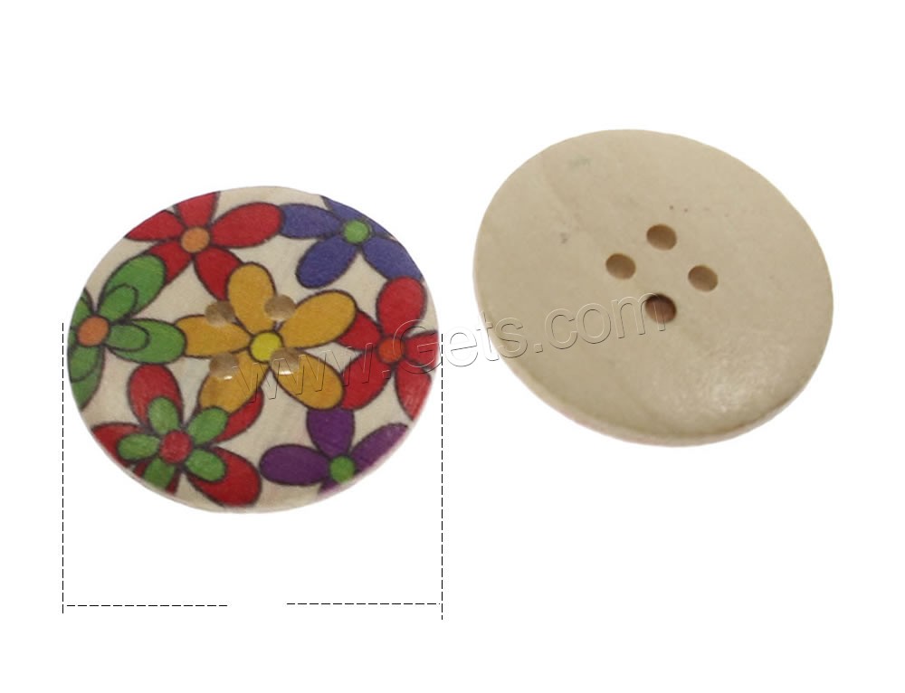 4 Отверстия древесины кнопка, деревянный, Плоская круглая форма, Печать & смешанная картина & разный размер для выбора, отверстие:Приблизительно 1mm, 1000ПК/сумка, продается сумка