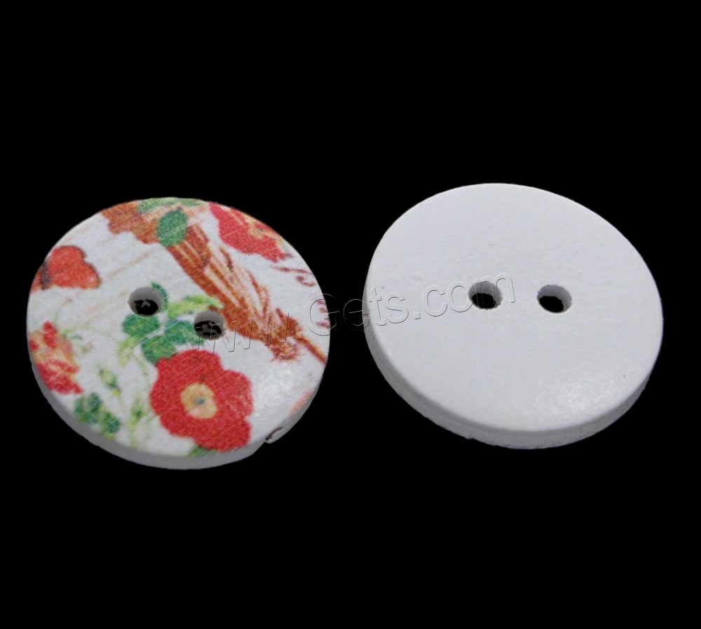 2-Loch Holz Knopf, flache Runde, Drucken & gemischtes Muster & verschiedene Größen vorhanden, Bohrung:ca. 1mm, 1000PCs/Tasche, verkauft von Tasche
