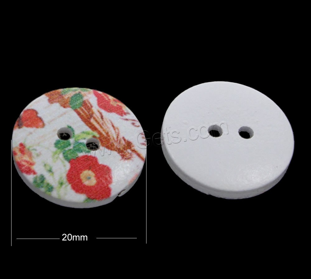Botón de madera de 2 agujeros, Redondo aplanado, de la impresión & patrón mixto & diverso tamaño para la opción, agujero:aproximado 1mm, 1000PCs/Bolsa, Vendido por Bolsa