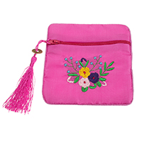 Silk Jewelry Pouches Bags, with Cotton & Brass, Rectangle, antique bronze color plated, embroidered, bright rosy red  130mm 