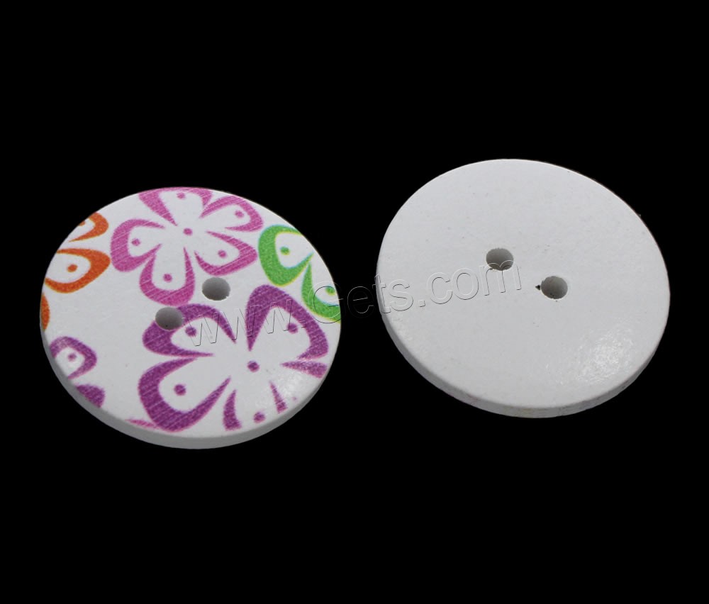 Botón de madera de 2 agujeros, Redondo aplanado, de la impresión & patrón mixto & diverso tamaño para la opción, agujero:aproximado 1mm, 1000PCs/Bolsa, Vendido por Bolsa