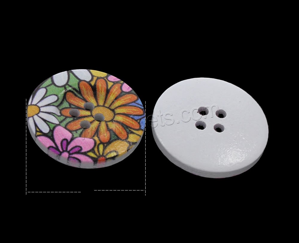 boutons en bois à quatre trous pournje, Plat rond, impression & modèle mixte & normes différentes pour le choix, Trou:Environ 1mm, 1000PC/sac, Vendu par sac