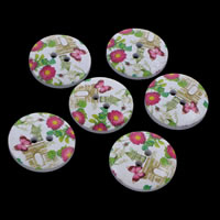 2 Hole Wood Button, Flat Round, printing multi-colored Approx 1mm 