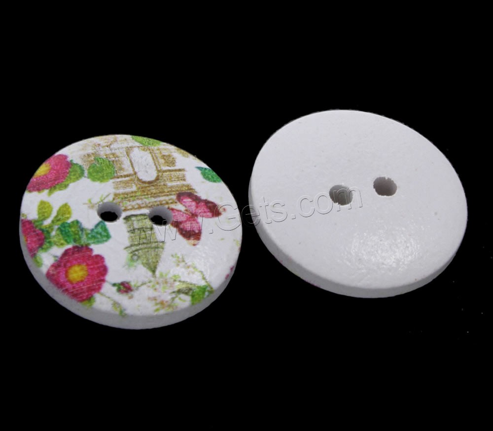 Деревянные кнопку 2 отверстия, деревянный, Плоская круглая форма, Печать & разный размер для выбора, разноцветный, отверстие:Приблизительно 1mm, 1000ПК/сумка, продается сумка