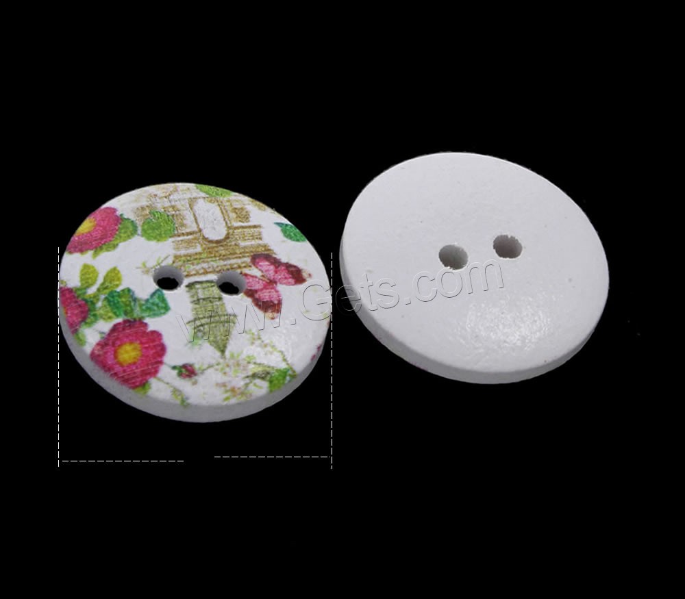 2 Hole Wood Button, Flat Round, printing & different size for choice, multi-colored, Hole:Approx 1mm, 1000PCs/Bag, Sold By Bag