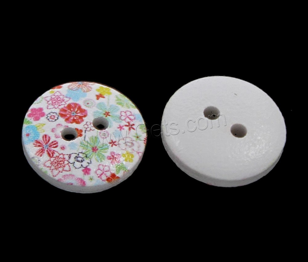 Деревянные кнопку 2 отверстия, деревянный, Плоская круглая форма, Печать & смешанная картина & разный размер для выбора, отверстие:Приблизительно 1mm, 1000ПК/сумка, продается сумка