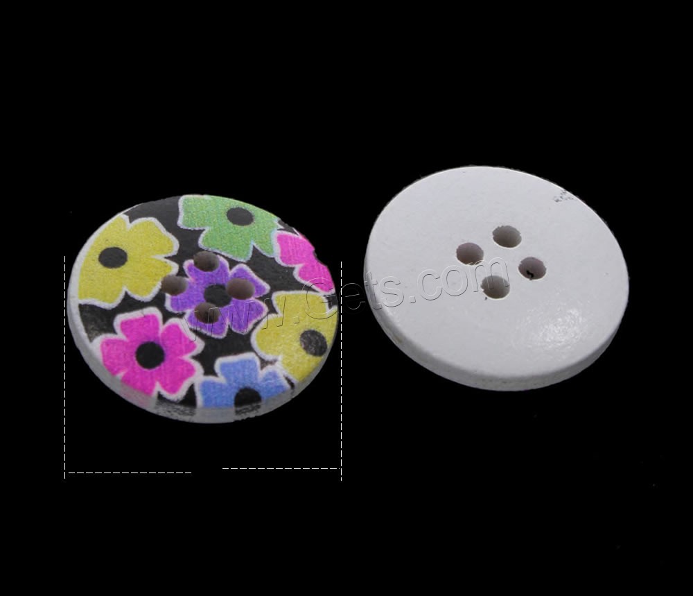 4-Loch Holz Knopf, flache Runde, Drucken & gemischtes Muster & verschiedene Größen vorhanden, Bohrung:ca. 1mm, 1000PCs/Tasche, verkauft von Tasche