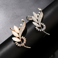 Earring Cuff and Wraps, Zinc Alloy, with rubber earnut & Cats Eye, stainless steel post pin, Leaf, plated, with rhinestone 