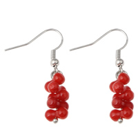 Coral Drop Earring, Natural Coral, iron earring hook, platinum color plated, natural, red 