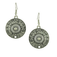Zinc Alloy Drop Earring, brass earring hook, Flat Round, antique silver color plated 