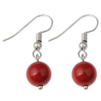 Coral Drop Earring, Natural Coral, iron earring hook, Round, platinum color plated, natural, red 