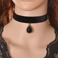 Gothic Necklace, Velveteen, with Crystal & Zinc Alloy, with 5cm extender chain, Teardrop, antique bronze color plated, faceted, 330mm Approx 13 Inch 