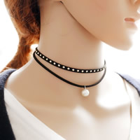 Gothic Lace Halskette, Wollschnur, mit ABS-Kunststoff-Perlen & Zinklegierung, mit Verlängerungskettchen von 5cm, rund, Platinfarbe platiniert, 2 strängig, 330mm, Länge:ca. 13 ZollInch, verkauft von Strang