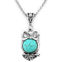 Zinc Alloy Iron Chain Necklace, with iron chain & Synthetic Turquoise, with 5cm extender chain, Owl, antique silver color plated, lantern chain & with rhinestone, lead & cadmium free Approx 18 Inch 