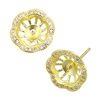 Sterling Silver Earring Stud Component, 925 Sterling Silver, Flower, real gold plated, micro pave cubic zirconia 1mm, 0.9mm 
