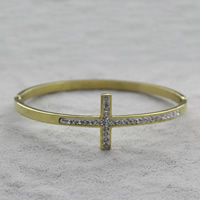 Stainless Steel Bangle, with Rhinestone Clay Pave, Cross, gold color plated, for woman Inner Approx Approx 7.5 Inch 
