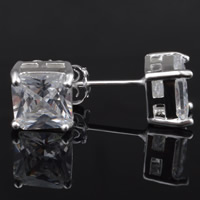 Cubic Zircon Brass Earring, Square, real silver plated, with cubic zirconia & faceted, lead & cadmium free 