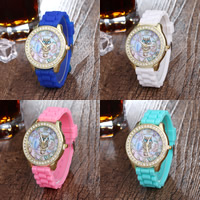 Women Wrist Watch, Silicone, with zinc alloy dial & Glass, Chinese movement, stainless steel pin buckle, gold color plated, adjustable & for woman & with rhinestone 40mm, 20mm Approx 9.5 Inch 