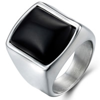 Men Stainless Steel Ring in Bulk, Titanium Steel, with Black Stone, Rectangle, Unisex original color, 21.6mm, 29mm 