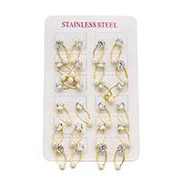 Stainless Steel Cubic Zirconia Stud Earring, with Glass Pearl, Horse Eye, gold color plated, with cubic zirconia 