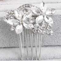 Bridal Decorative Hair Comb, Zinc Alloy, with Crystal, Flower, platinum color plated, handmade & for bridal & faceted & with rhinestone, lead & cadmium free 