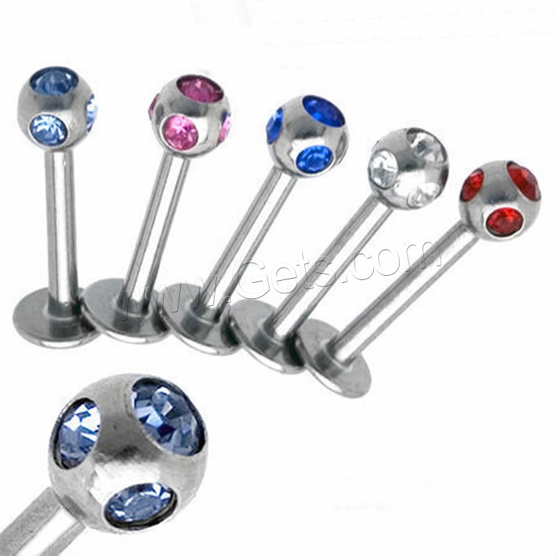 Stainless Steel Tongue Ring, T shape, with rhinestone, mixed colors, 1.2x8x3mm, Sold By PC