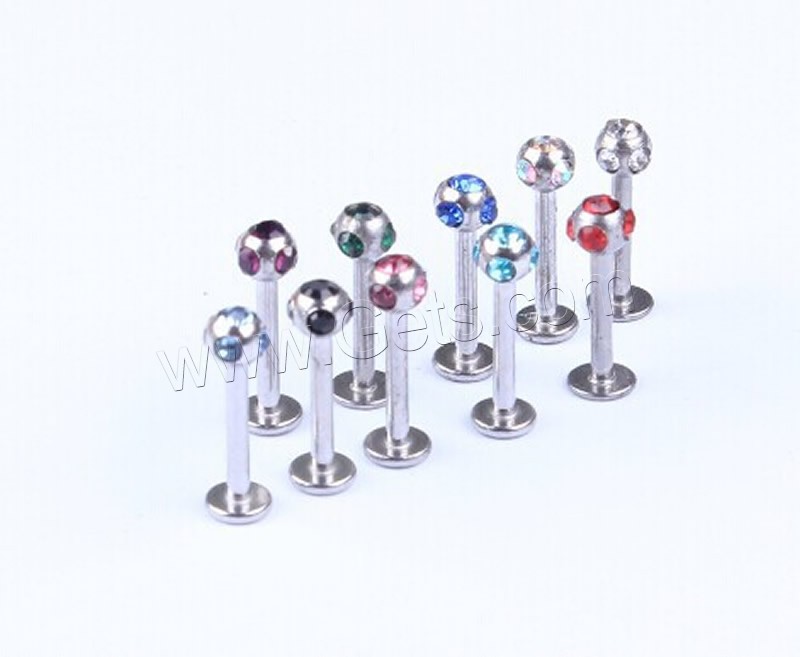 Stainless Steel Tongue Ring, T shape, with rhinestone, mixed colors, 1.2x8x3mm, Sold By PC