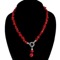 Natural Coral Necklace, with Zinc Alloy, platinum color plated, with rhinestone, red Approx 18 Inch 