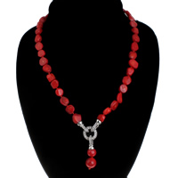 Collar de Coral natural, con aleación de zinc, chapado en color de platina, con diamantes de imitación, Rojo, 13x40mm, longitud:aproximado 18 Inch, Vendido por Sarta